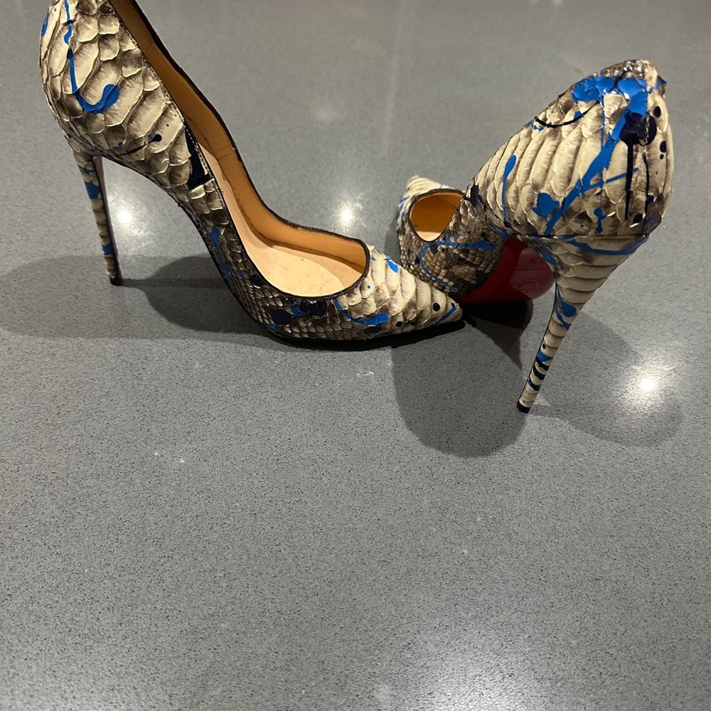 Christian Louboutin Blue and Tan Snakeskin Heels/ So Kate/ Python Splatter Pumps
